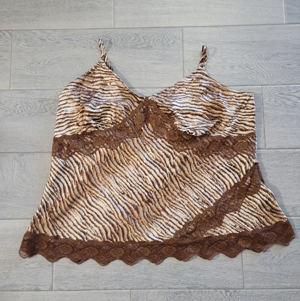 Vintage 100% Silk Cami Sexy Lingerie Passports Tiger Print Brown Lace Size 2X